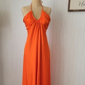 . VTG Suzy Cream Cheese Loves You Orange Maxi Dress Halter Medium B14